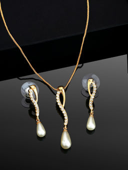Estele - Gold and Rhodium Plated Glowing Pearl Drop Pendant Necklace with Crystals (Set of 2)