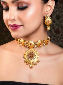 AG'S - Ruby Stone With Matt Gold Plated Kundan Necklace Set