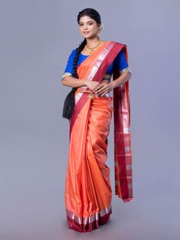 Boveee - Kanjivaram Silk Saree In Rust Color With Maroon And Silver Border with Unstitched Blouse