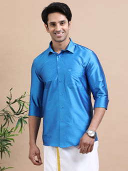 TATTVA - Men Royal Blue Toned Art Silk Casual Shirt