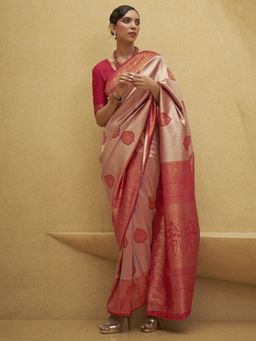 Akhilam - Womens Nylon Pink Woven Designer Saree with Unstitched Blouse