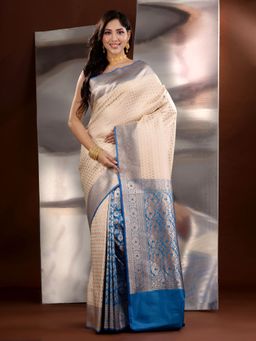 CHARUKRITI - Off White Katan Silk Zari Handwoven Saree with Unstitched Blouse