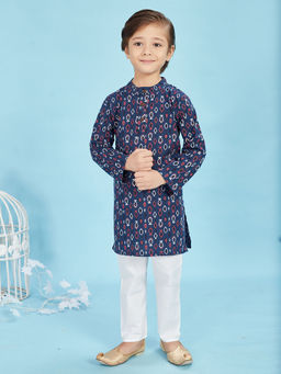 Maaikid - Navy Blue Printed Cotton Kurta and Pyjama Kurta (Set of 2)