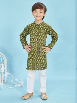 Maaikid - Green Printed Cotton Kurta and Pyjama (Set of 2)