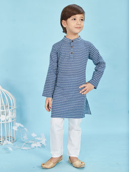 Maaikid - Blue Geometrical Print Cotton Kurta and Pyjama (Set of 2)