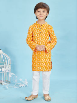 Maaikid - Mustard Printed Cotton Kurta and Pyjama (Set of 2)