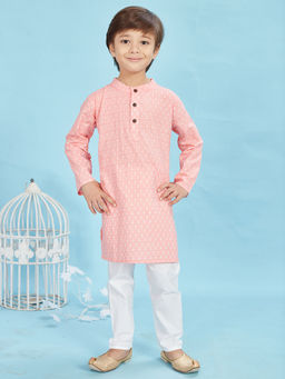 Maaikid - Peach Printed Cotton Kurta and Pyjama (Set of 2)