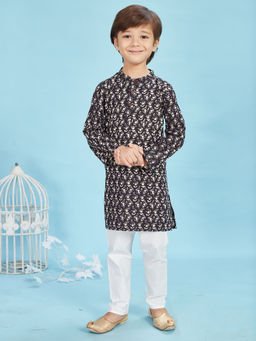 Maaikid - Black Printed Cotton Kurta and Pyjama (Set of 2)