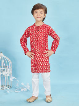 Maaikid - Red Printed Cotton Kurta and Pyjama (Set of 2)