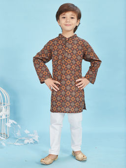 Maaikid - Brown Geometrical Print Cotton Kurta and Pyjama (Set of 2)
