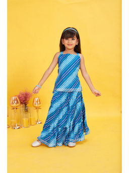 Maaikid - Blue Leheriya Printed Sleeveless Short Kurti and Wrinkled Skirt (Set of 2)