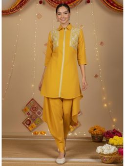 WineRed - Women Yellow Embroidered Party Co-Ord Set