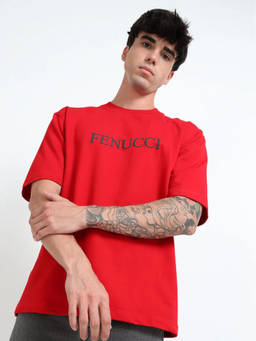 FENUCCI - Red Cotton Graphic Printed Tshirt