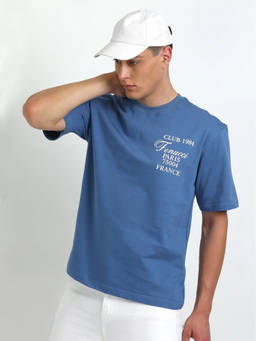 FENUCCI - Mens Blue Cotton Solid Tshirt