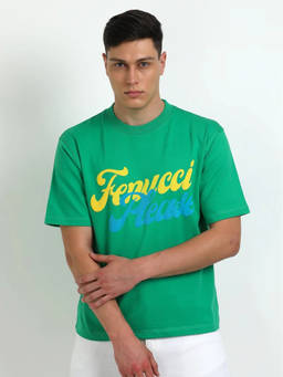 FENUCCI - Mens Green Cotton Typography Printed Tshirt