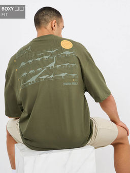 Styli - Mens Olive Jurassic Park Character Back & Front Print Boxy T Shirt