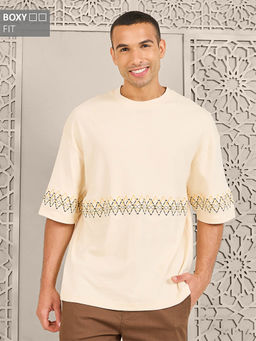 Styli - Mens Cream Premium Interlock Boxy Fit Embroidery Cotton Tee