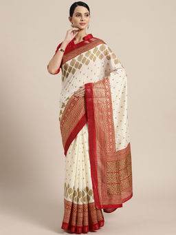 Sareemall - Cream Festive Patola Silk Foil Print Saree With Unstitched Blouse
