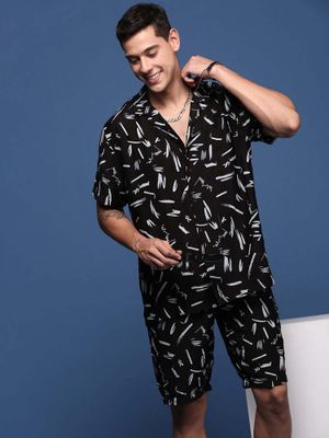 Men's Vertical Stripes Cuban Collar Brown Co-Ords Set main image 0