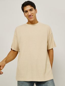 Styli - Beige Basic Waffle Knit Oversized T-Shirt