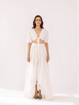 SHAAKHA - White Kaeya Crop Top with Asymmetrical Skirt (Set of 2)