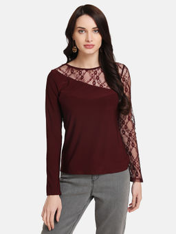 Kazo - Maroon One Sided Lace Sleeve Top