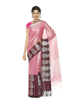Banarasi Silk Works - Pink Zari Kanchi Silk Tanchoi Meena Saree with Unstitched Blouse