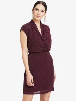 Kazo - Maroon Overlap Neck Detail Mini Dress