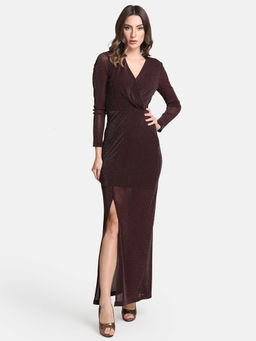 Kazo - Maroon Lurex Knit Slit Maxi Dress