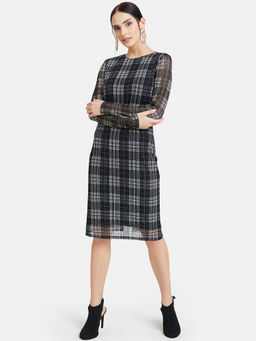 Kazo - Black Stretch Mesh Check Knee Length Dress