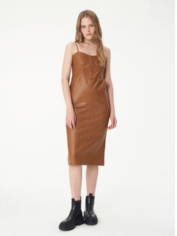 Cider - Brown Faux Leather Midi Dress