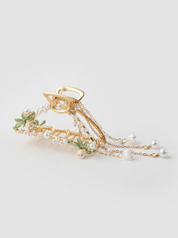 Cider - Metallic Floral & Faux Pearl Decor Tassel Hair Claw