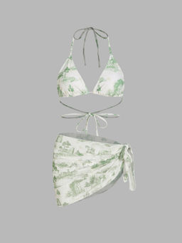Cider - Vintage Printed Halter Bikini 3-Piece Set