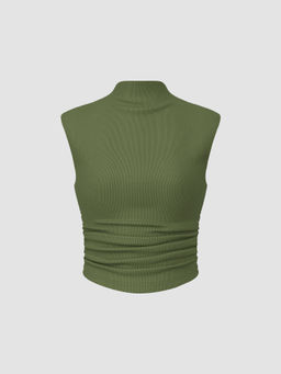 Cider - Solid High Neck Sleeveless Ruched Tank Top