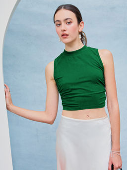 Cider - Round Neckline Solid Sleeveless Ruched Crop Top