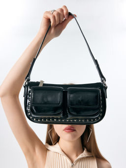 Cider - Faux Leather Studded Decor Baguette Bag