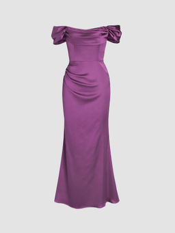 Cider - Satin Sculptural Ruched Off-Shoulder Mermaid Maxi Dress