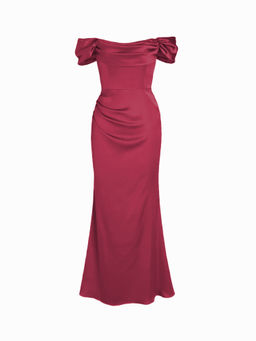 Cider - Satin Sculptural Ruched Off-Shoulder Mermaid Maxi Dress