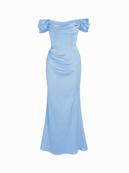 Cider - Satin Sculptural Ruched Off-Shoulder Mermaid Maxi Dress