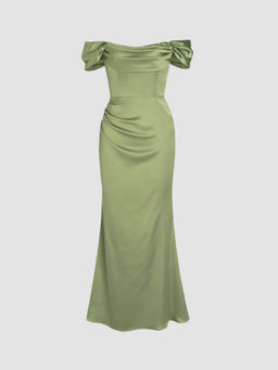 Cider - Satin Sculptural Ruched Off-Shoulder Mermaid Maxi Dress