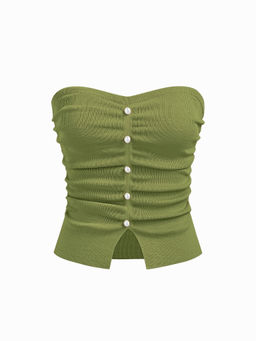 Cider - Faux Pearl Split Ruched Knit Crop Top