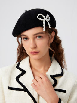 Cider - Faux Pearl Bowknot Beret Hat