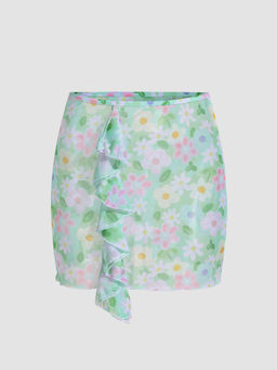 Cider - Floral Ruffle Trim Tie Side Cover Up Skirt