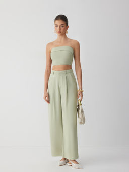Cider - Solid Shirred Tube Top & High Waist Pants Set