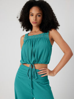 Cider - Square Neck Solid Lace Ruched Drawstring Top