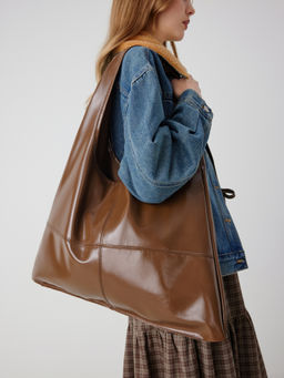 Cider - Solid Faux Leather Large Capacity Tote Shopper Bag