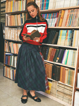 Cider - Mid Waist Patched Check Buckle Maxi Skirt