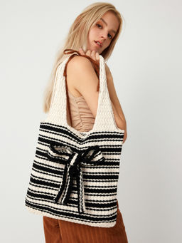 Cider - Striped Bowknot Crochet Tote Bag