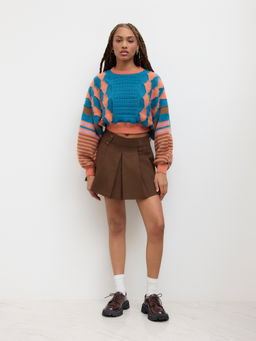 Cider - Round Neckline Position Stripe Knitted Crop Sweater