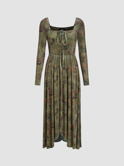 Cider - Velvet Square Neck Floral Drawstring Midi Dress